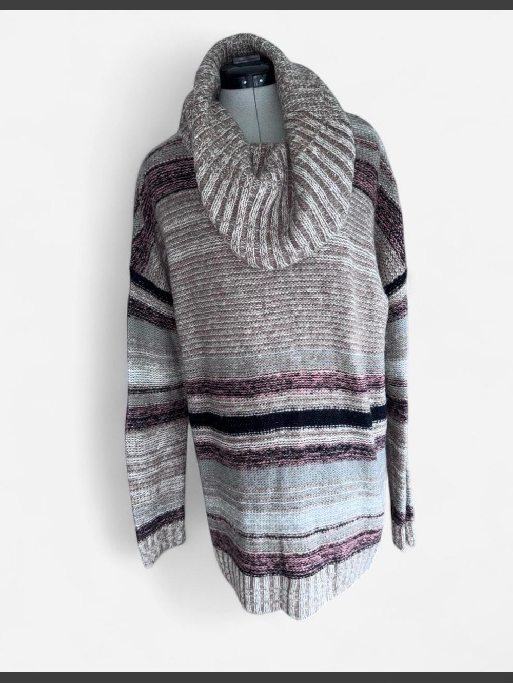 Sweater-Cozy Striped Cowl Neck Sweater - Taupe with Pink and Black Stripes